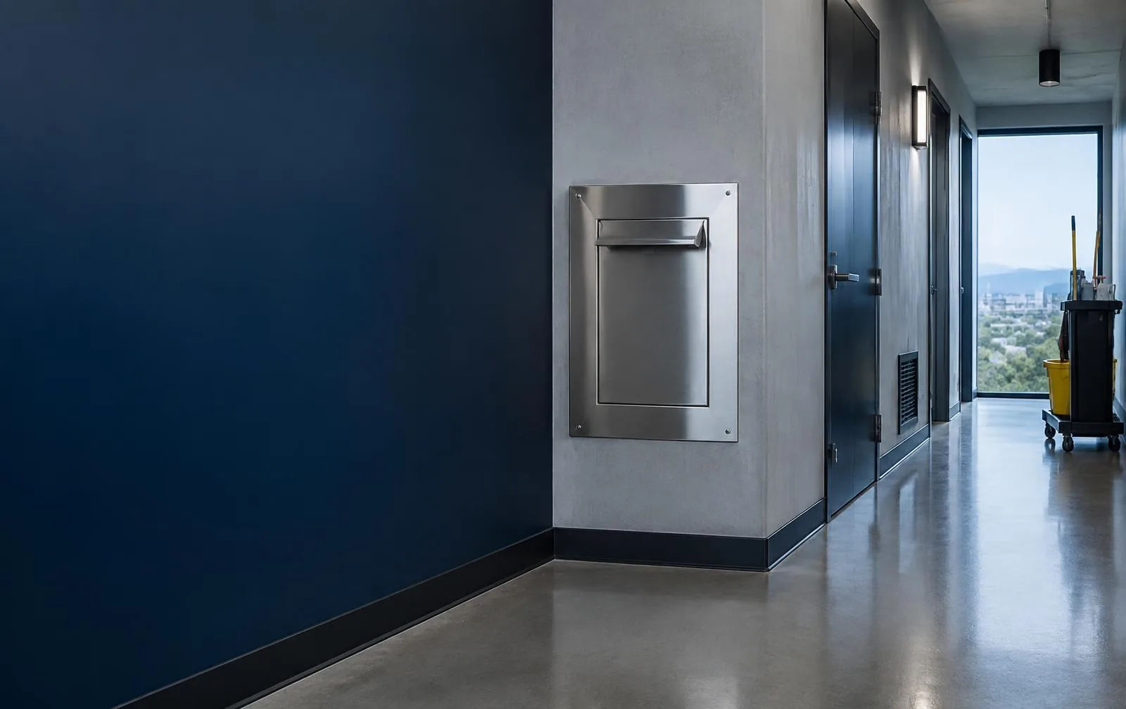 Modern San Diego apartment hallway with a stainless steel trash chute intake